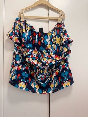 Aqua Navy Multi Geometric strapless Ruffle Camisole